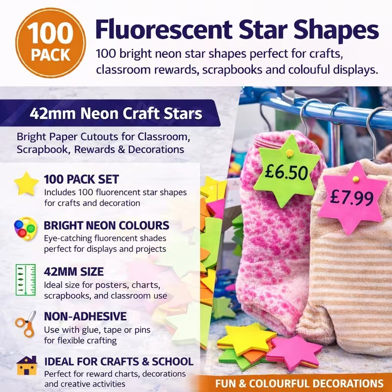 100 pack fluorescent neon star shapes 42mm paper cutouts for crafts classroom rewards and decorations