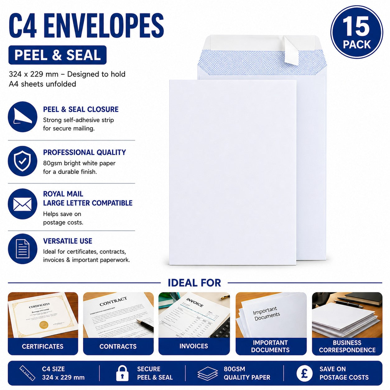 15 pack C4 white peel and seal envelopes 324 x 229mm for A4 documents certificates invoices and correspondence
