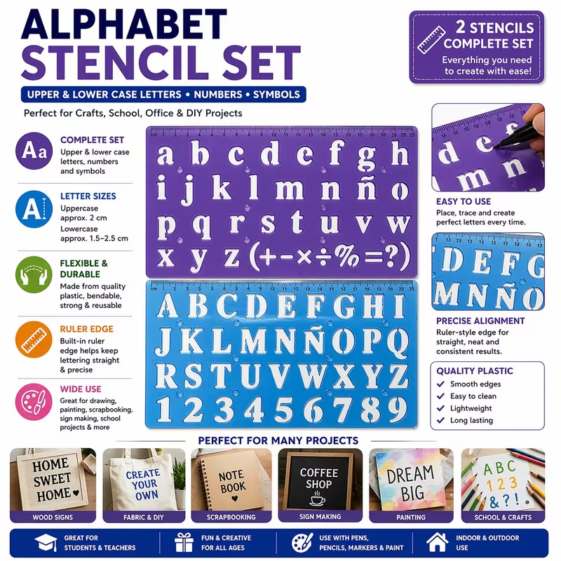 2 stencil complete alphabet stencil set with uppercase lowercase letters numbers and symbols