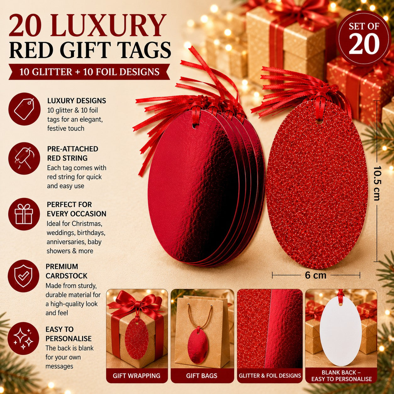 20 luxury red gift tags with 10 glitter and 10 foil designs pre-attached red string