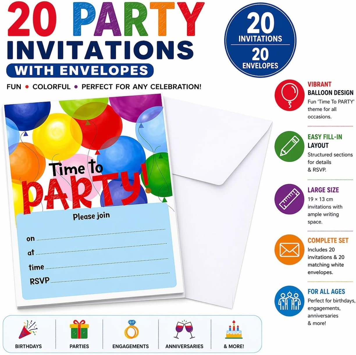 20 party invitations with envelopes Time to Party balloon design 19 x 13cm