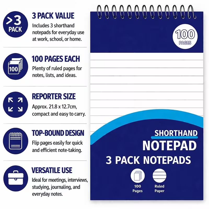 3 pack shorthand notepads with 100 ruled pages each reporters size top bound