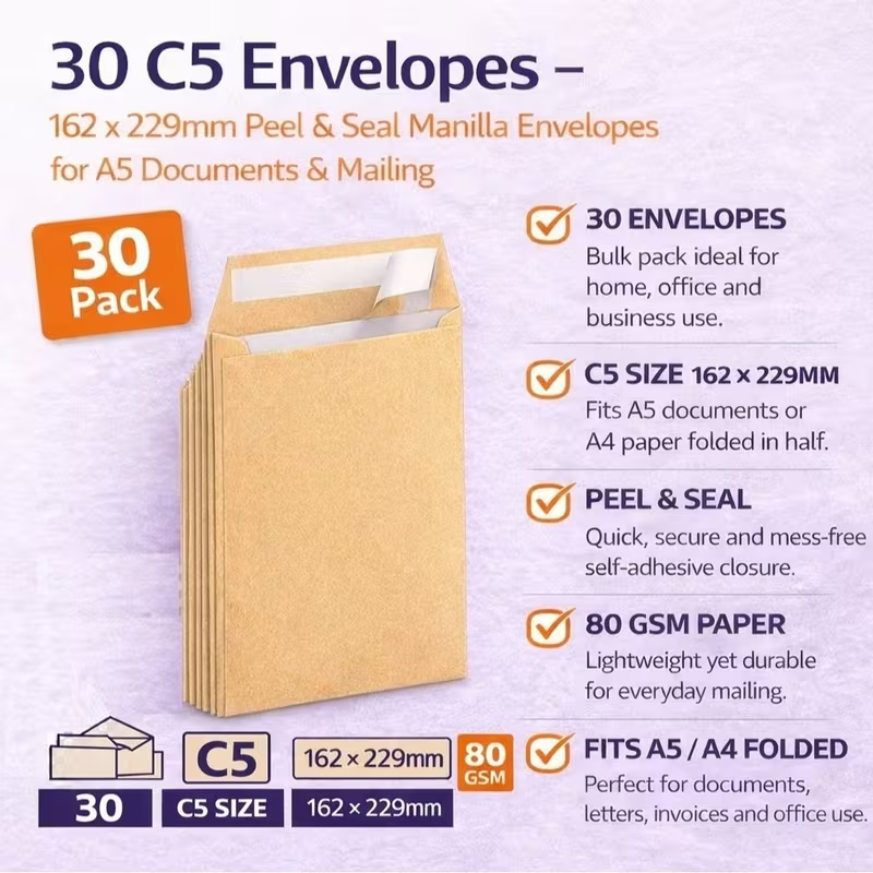 30 pack C5 manilla peel and seal envelopes 162 x 229mm for A5 documents and mailing