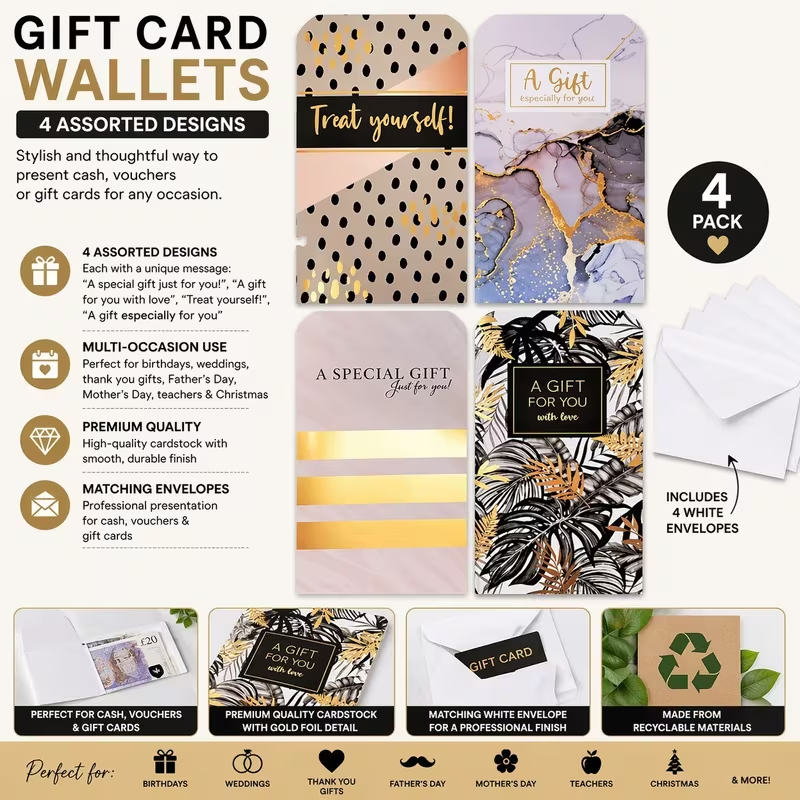 4 pack gift card wallets with assorted designs and matching white envelopes