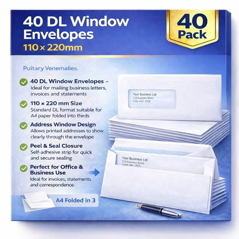 40 pack DL window envelopes 110 x 220mm peel and seal for office and business mailing