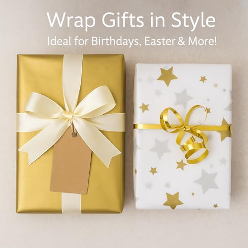 Gold & Star Print Tissue Paper β 8 Sheets β 70 x 50cm β Recyclable Gift Wrap for Christmas, Birthdays, Weddings & Crafts