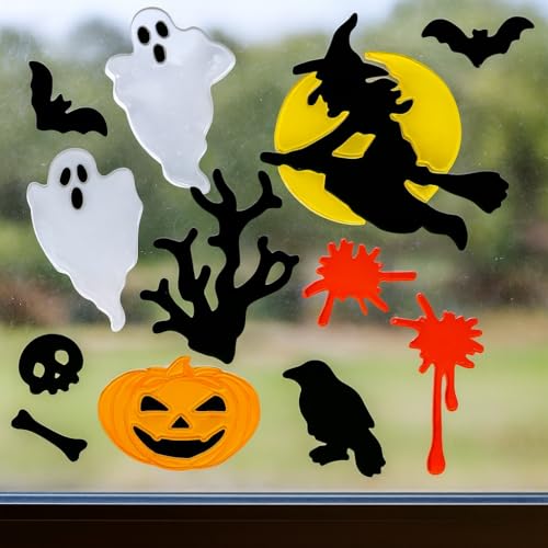 4 Sheets Halloween Gel Window Stickers – Ghosts, Pumpkins, Bats, Witch & Haunted House – Reusable Clings (19 × 19 cm)
