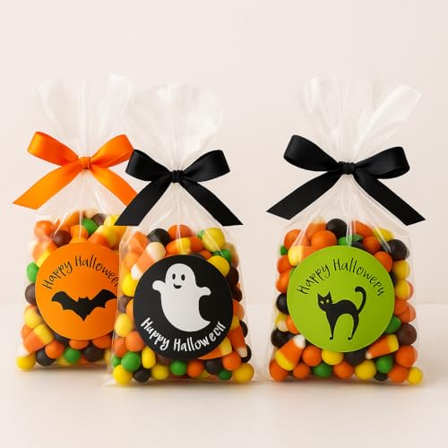 200 Halloween Stickers – 4cm Round – 8 Sheets – Ghost, Pumpkin, Bat, Spider & Black Cat Designs – Halloween Crafts, Party Favours & Trick or Treat Supplies