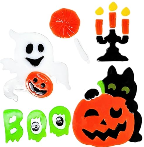 4 Sheets Halloween Gel Window Stickers – Ghosts, Pumpkins, Bats, Witch & Haunted House – Reusable Clings (19 × 19 cm)