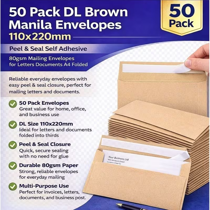 50 pack DL brown manilla envelopes 110 x 220mm peel and seal self adhesive