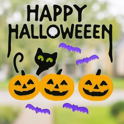 4 Sheets Halloween Gel Window Stickers – Ghosts, Pumpkins, Bats, Witch & Haunted House – Reusable Clings (19 × 19 cm)