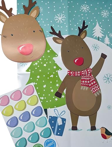 “Pin the Nose on Rudolph” Christmas Party Game for Kids – Poster, Blindfold, 15 Nose Stickers & Winner Stickers (60 × 40 cm)