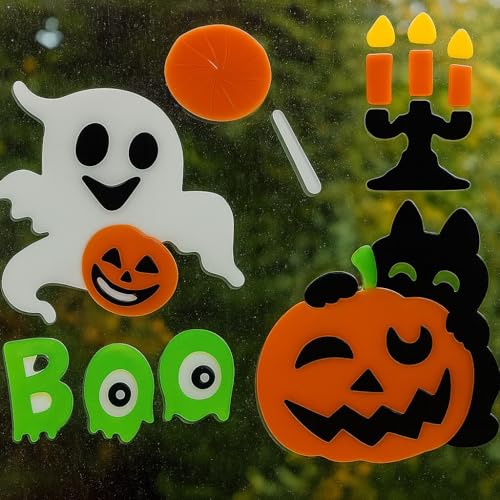 4 Sheets Halloween Gel Window Stickers – Ghosts, Pumpkins, Bats, Witch & Haunted House – Reusable Clings (19 × 19 cm)