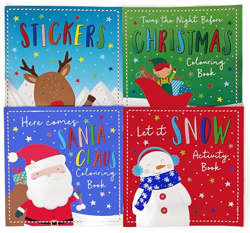 Christmas Activity Book Set for Kids β 4 Books + 6 Colouring Pencils β Colouring, Puzzles, Stickers β Travel & Stocking Filler Gift for Ages 3β10