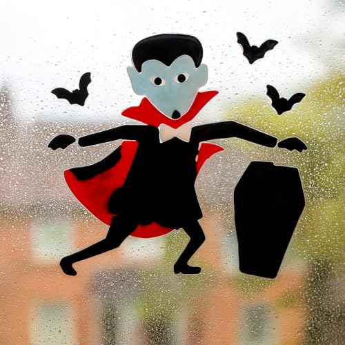 4 Sheets Halloween Gel Window Stickers – Vampire, Skeleton, Zombie & Happy Halloween Designs – Reusable Clings (19 × 19 cm)