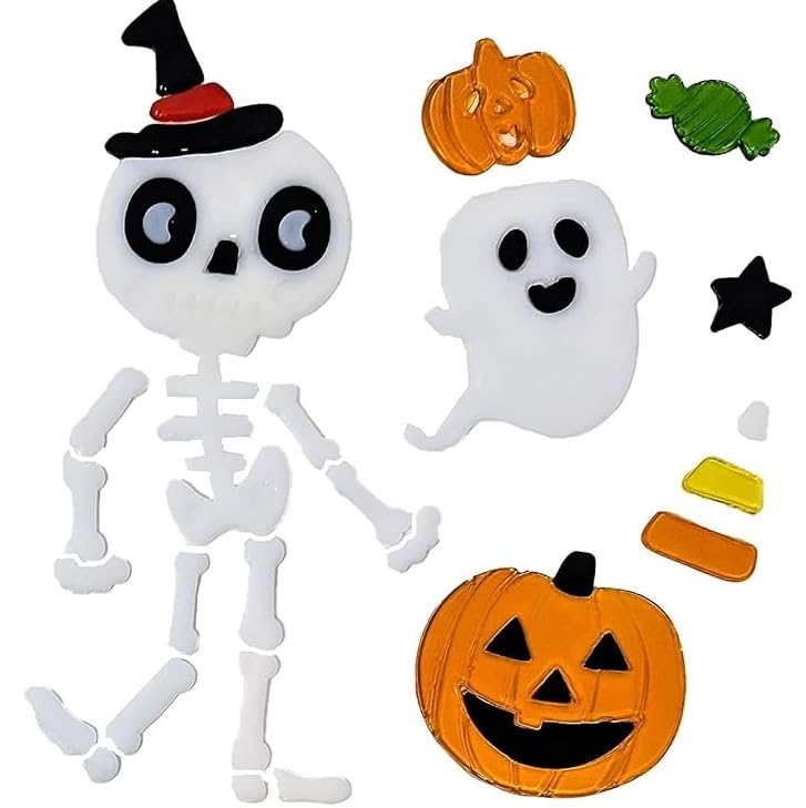 🎃 Halloween Gel Window Stickers – 4 Sheets of Reusable Gel Clings – Pumpkins, Ghosts, Skeleton & Trick or Treat