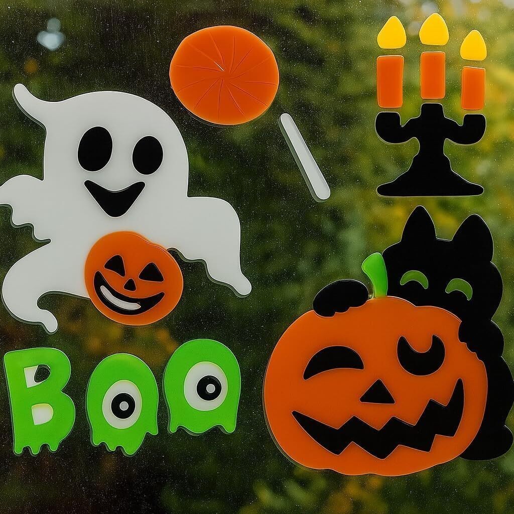 Halloween Gel Window Stickers – 16 Assorted Designs – Reusable Gel Clings for Wi