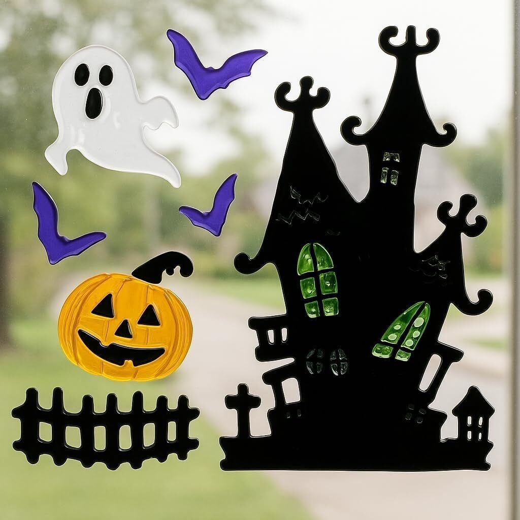 Halloween Gel Window Stickers – 16 Assorted Designs – Reusable Gel Clings for Wi