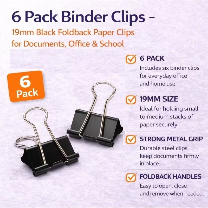 6 pack 19mm black foldback binder clips for documents office and school