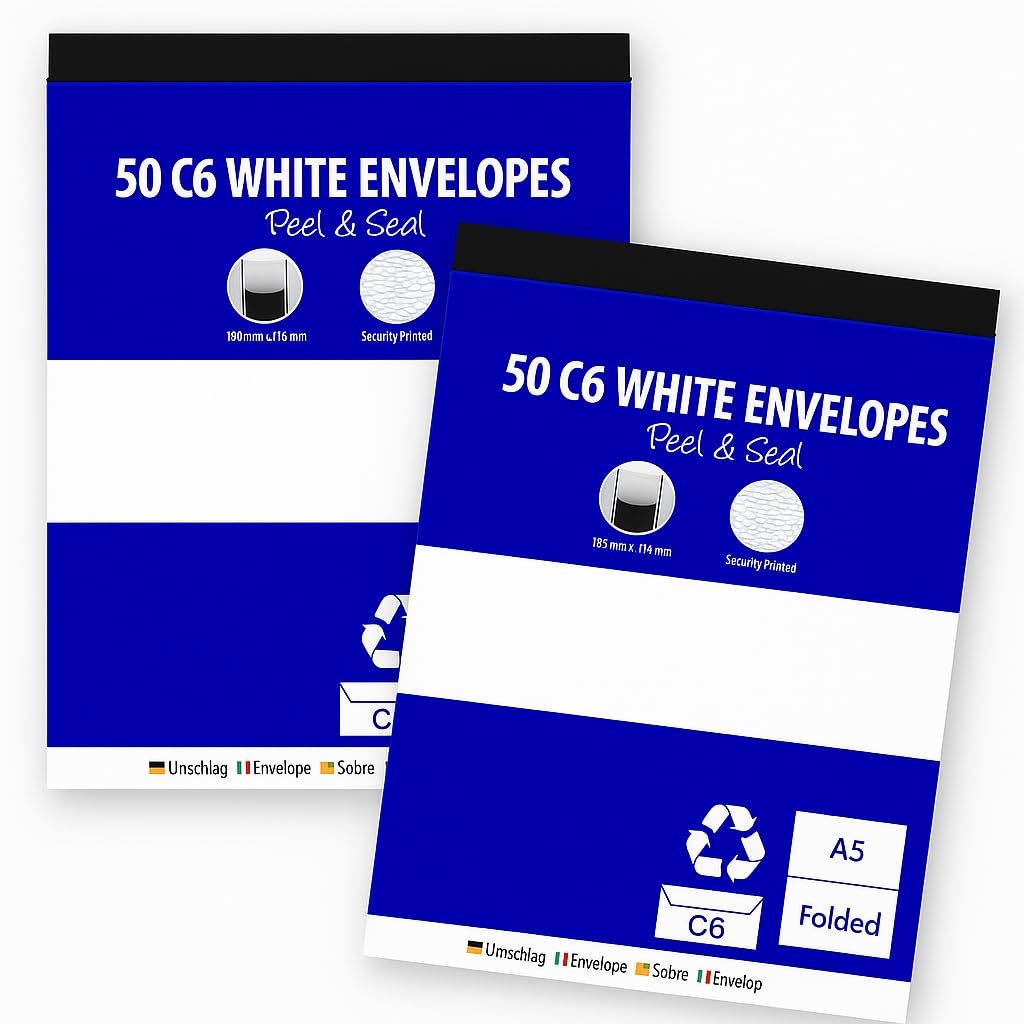 100 Premium White C6 Envelopes – Peel & Seal – 80gsm – Security Printed Interior – Fits A5 Folded/A6 Cards
