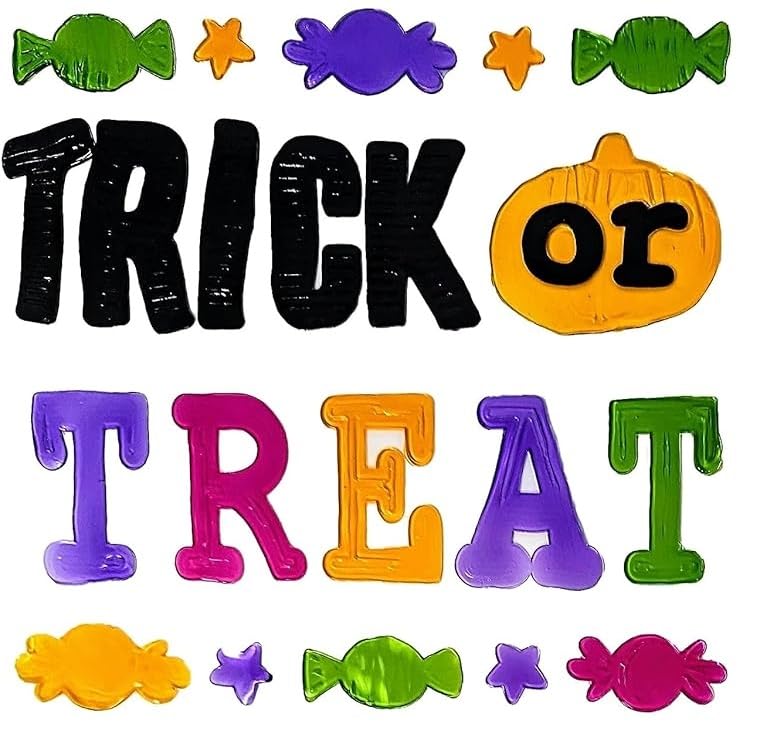 🎃 Halloween Gel Window Stickers – 4 Sheets of Reusable Gel Clings – Pumpkins, Ghosts, Skeleton & Trick or Treat