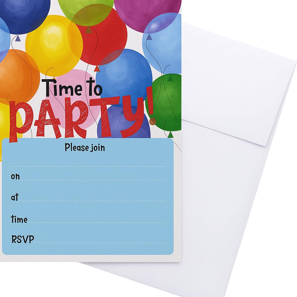 YLAB 20 Party Invitations & White Envelopes – 'Time To PARTY' Birthday & Engagement Invites – Colourful Balloon Design – Kids, Teens & Adults Party Invitations