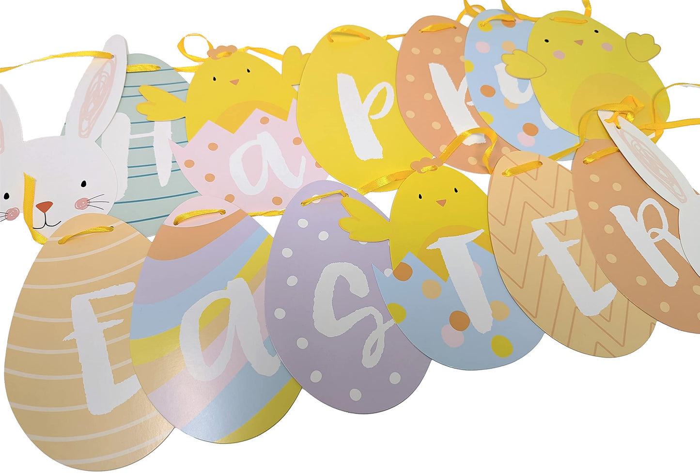 ‘Happy Easter’ Premium Banner – 2M Long, Double-Sided, Pre-Threaded on Yellow Ribbon – Easter Party Decoration, Spring Decor, Seasonal Bunting