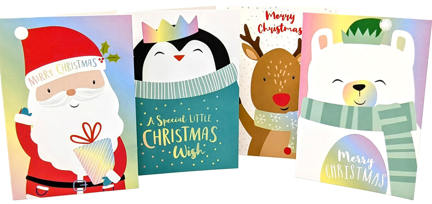 32 Mini Christmas Cards for Kids – 4 Cute Designs – Santa, Reindeer, Penguin & Polar Bear – With Red Envelopes – Small Festive School Cards for Children – 8.5 x 6 cm
