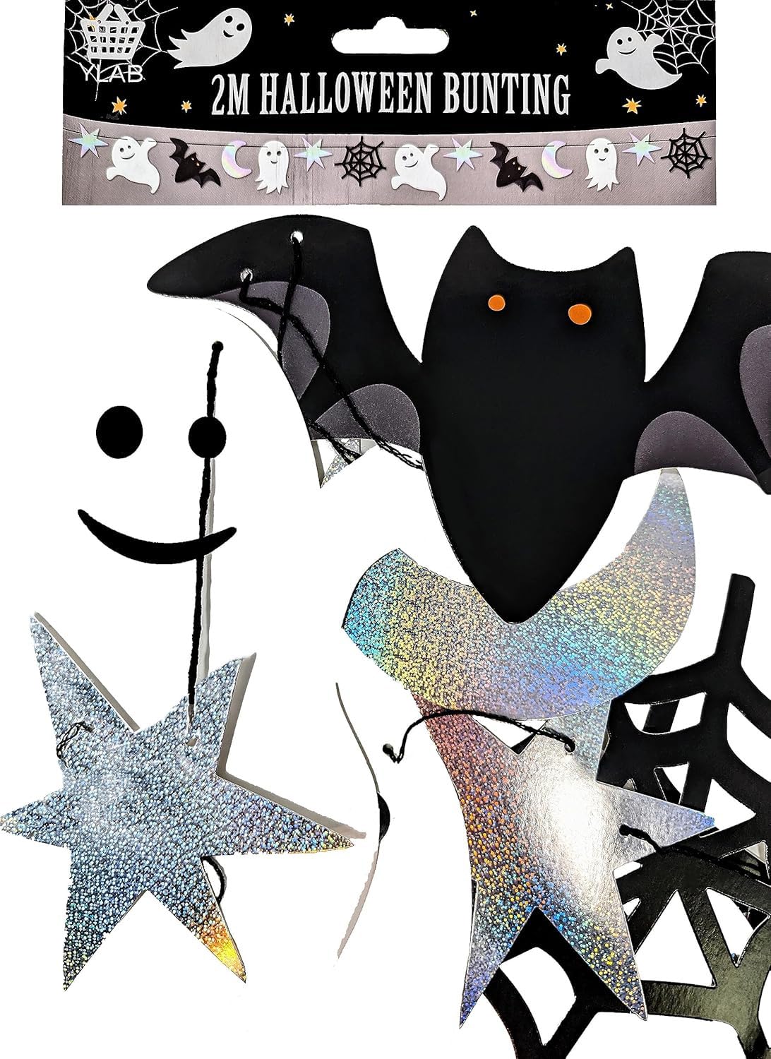 π Halloween Bunting β 2 Metres β Ghosts, Bats, Stars, Moons & Spider Webs β Pre-Strung & Reusable Party Garland