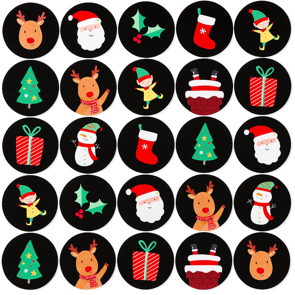 500 Christmas Stickers β 4cm Round Festive Designs on Black Background β Santa, Reindeer, Snowman, Elf, Present β Kids Crafts, Card Making, Packaging, Scrapbooking, Gift Bags, Small Business Use
