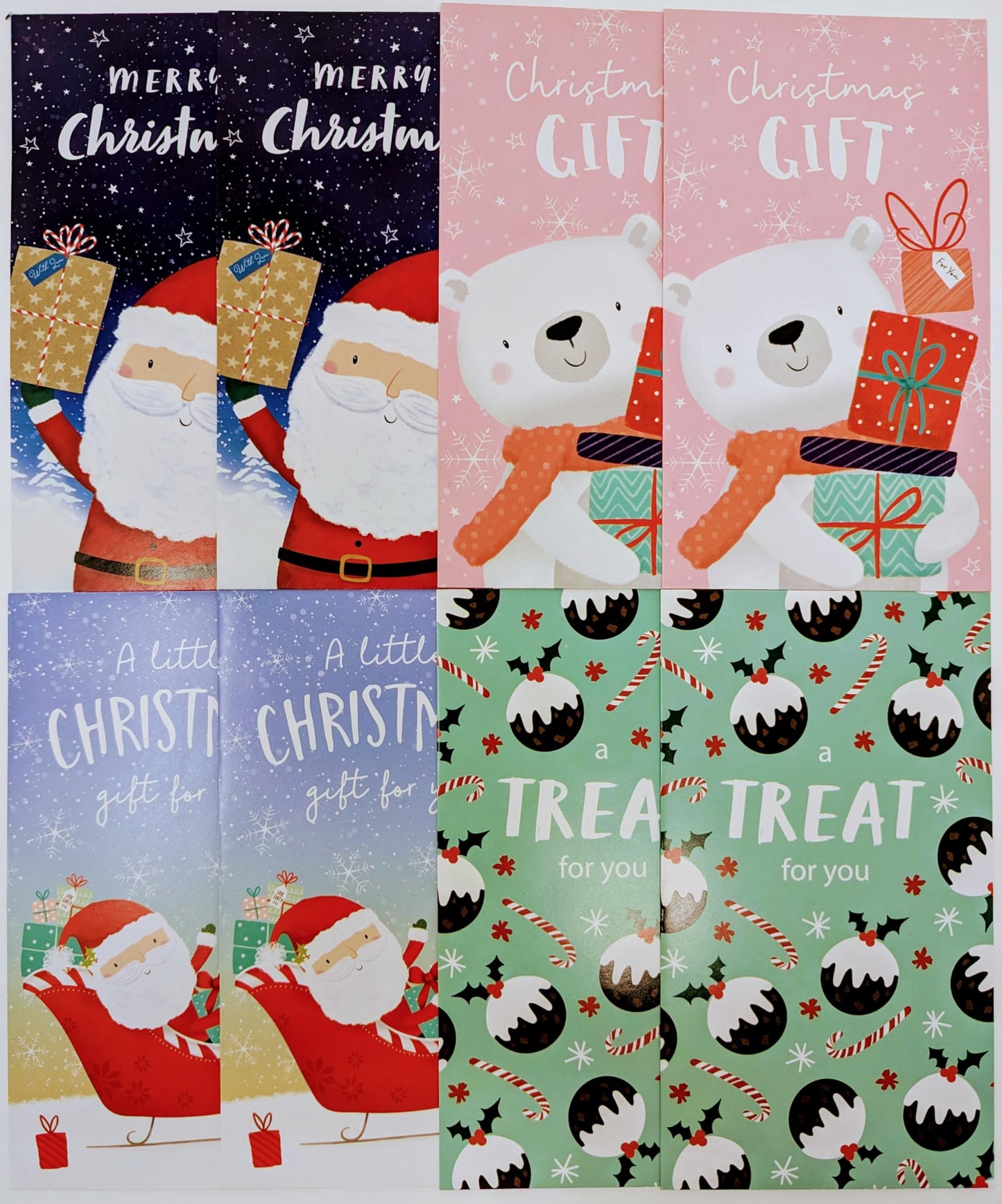 8 Christmas Money Envelopes – Gift Card & Cash Holders – Festive Designs – for Kids, Boys, Girls – Santa, Polar Bear, Sleigh – 16 x 9 cm – Includes “to/from” Message Space