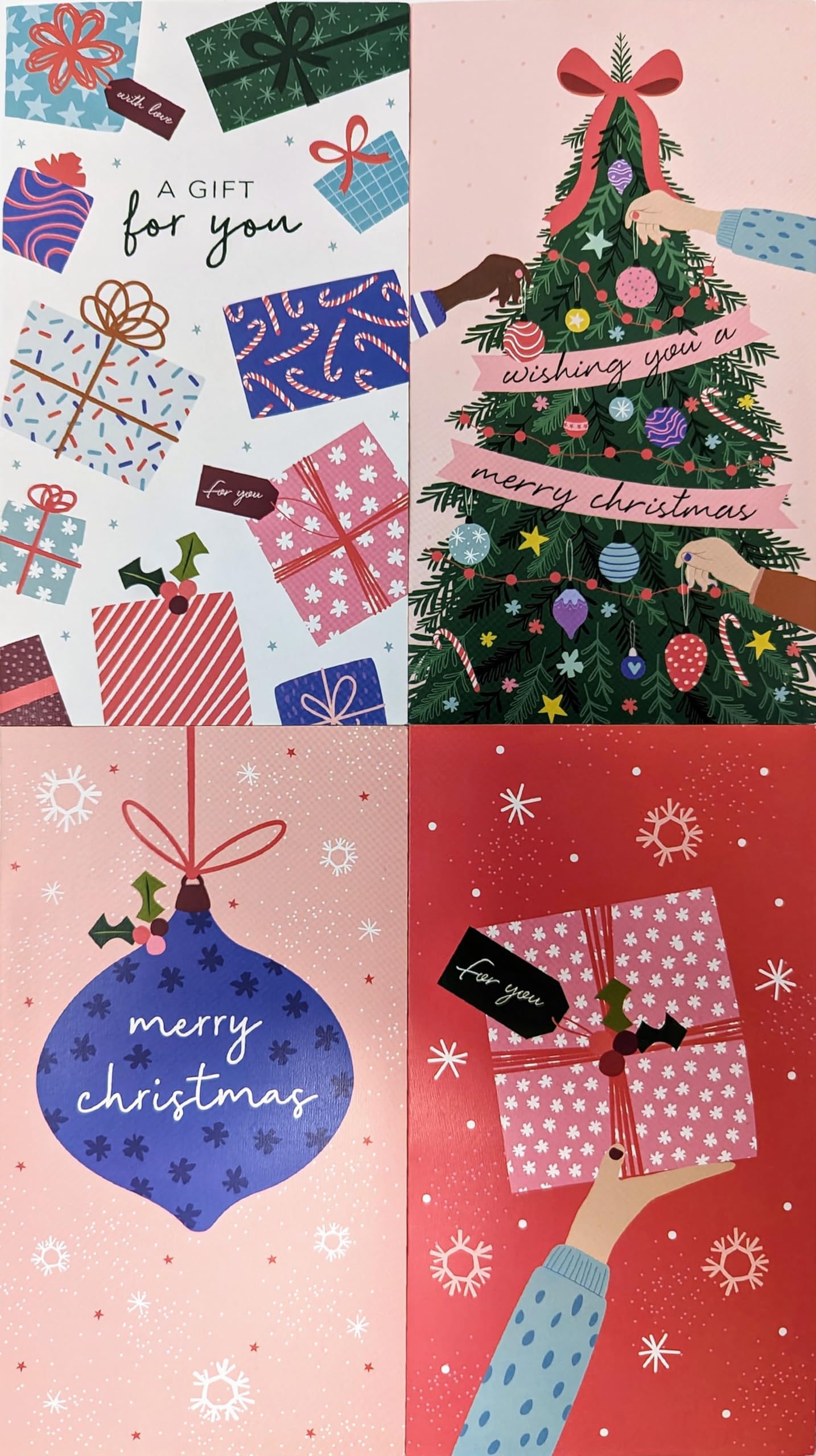 4 Modern Christmas Money Wallets with White Envelopes β Festive Baubles, Gifts & Tree Designs β Holds Cash, Vouchers & Gift Cards β 16 x 9 cm