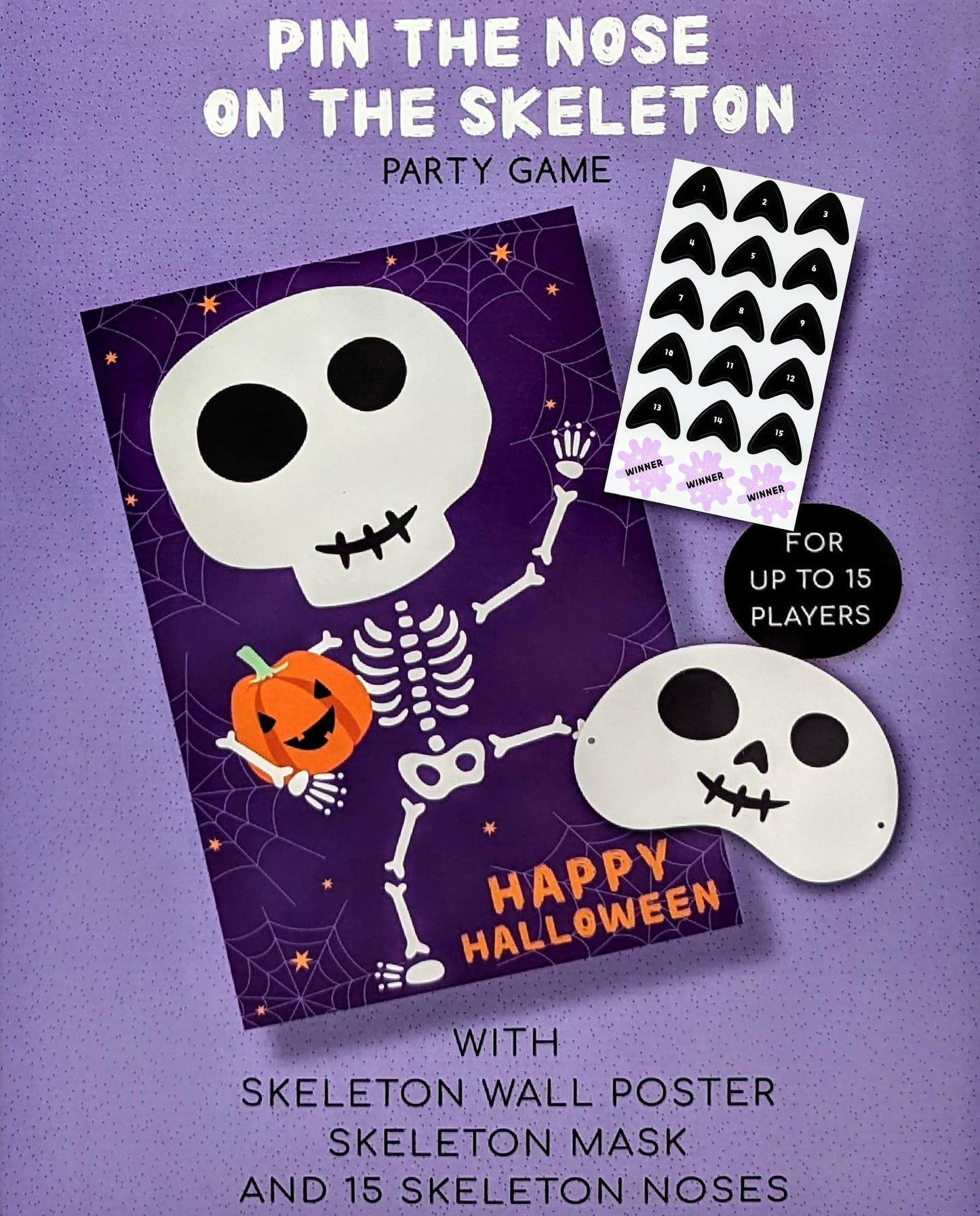 3-in-1 Halloween Party Game Bundle β Pin the Nose & Fangs Games for Kids β Pumpkin, Skeleton & Vampire (15 Players Each)