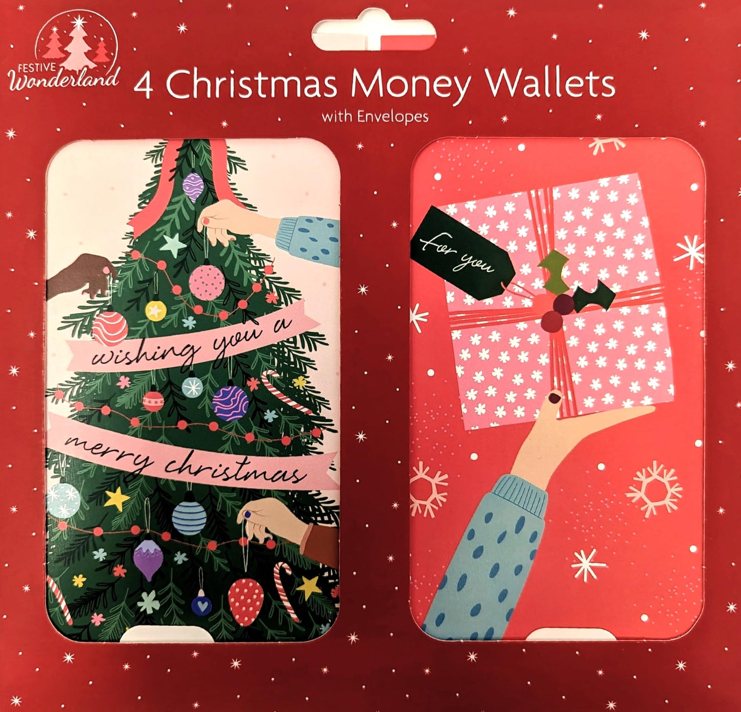 4 Modern Christmas Money Wallets with White Envelopes β Festive Baubles, Gifts & Tree Designs β Holds Cash, Vouchers & Gift Cards β 16 x 9 cm