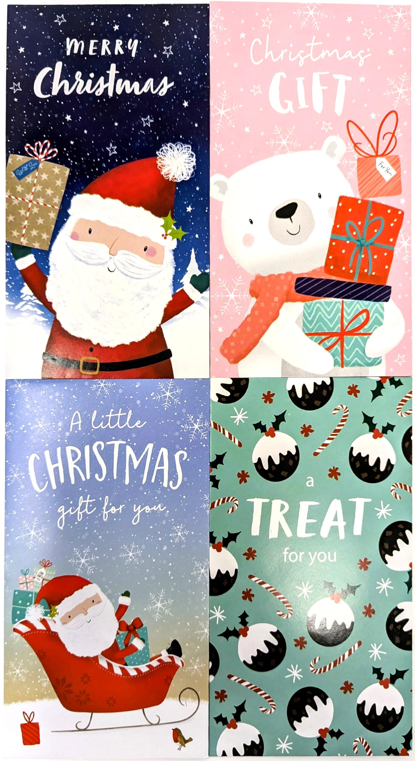 8 Christmas Money Envelopes – Gift Card & Cash Holders – Festive Designs – for Kids, Boys, Girls – Santa, Polar Bear, Sleigh – 16 x 9 cm – Includes “to/from” Message Space