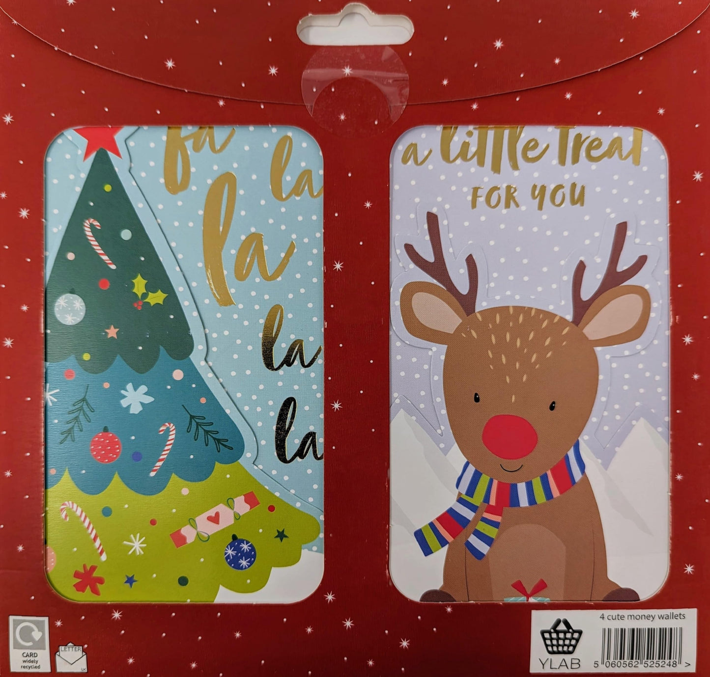 4-Pack Kids Christmas Money Wallets with White Envelopes – Gold Foil Santa, Reindeer, Penguin & Christmas Tree Designs – 16 x 9 cm