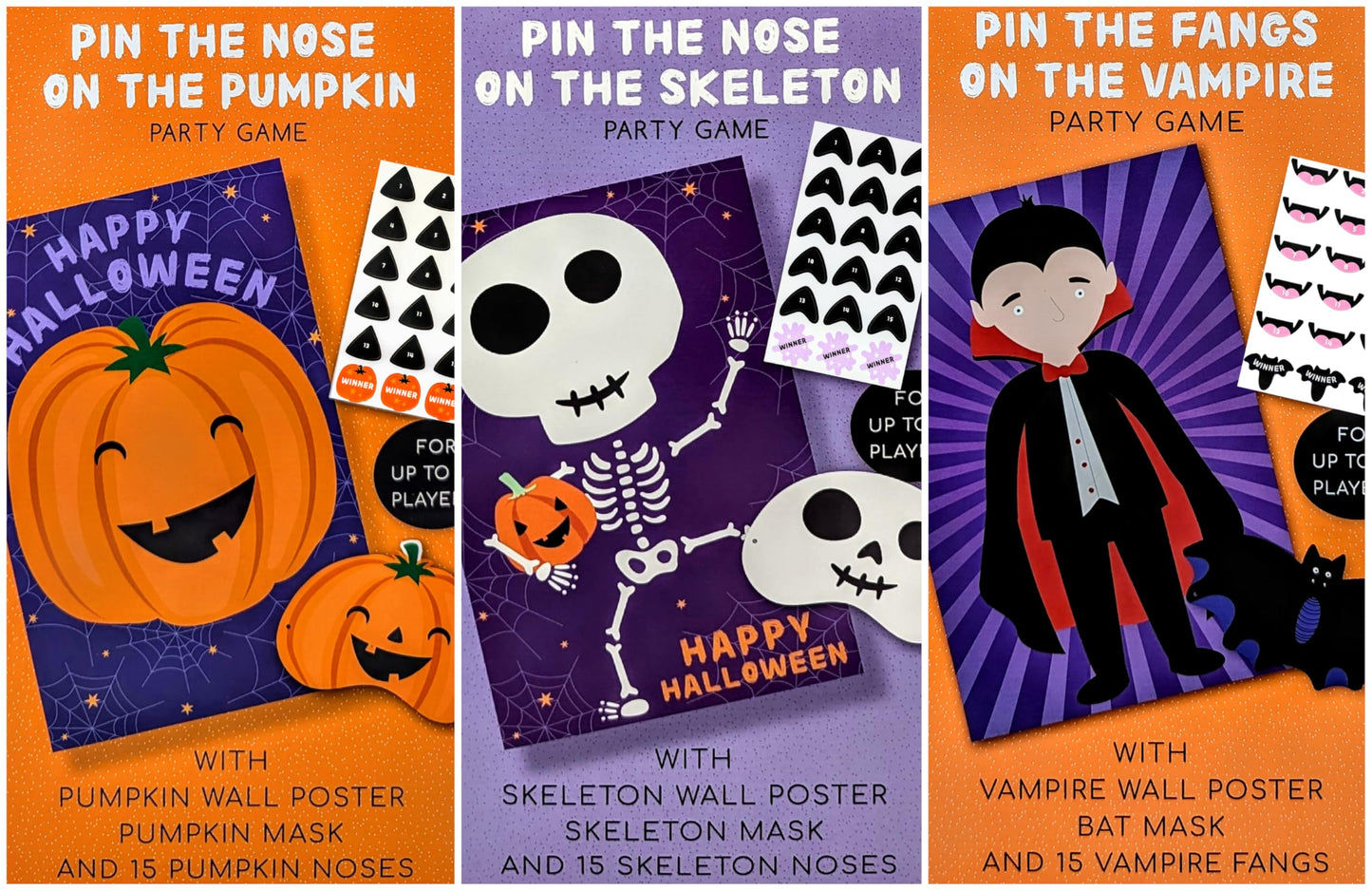 3-in-1 Halloween Party Game Bundle β Pin the Nose & Fangs Games for Kids β Pumpkin, Skeleton & Vampire (15 Players Each)