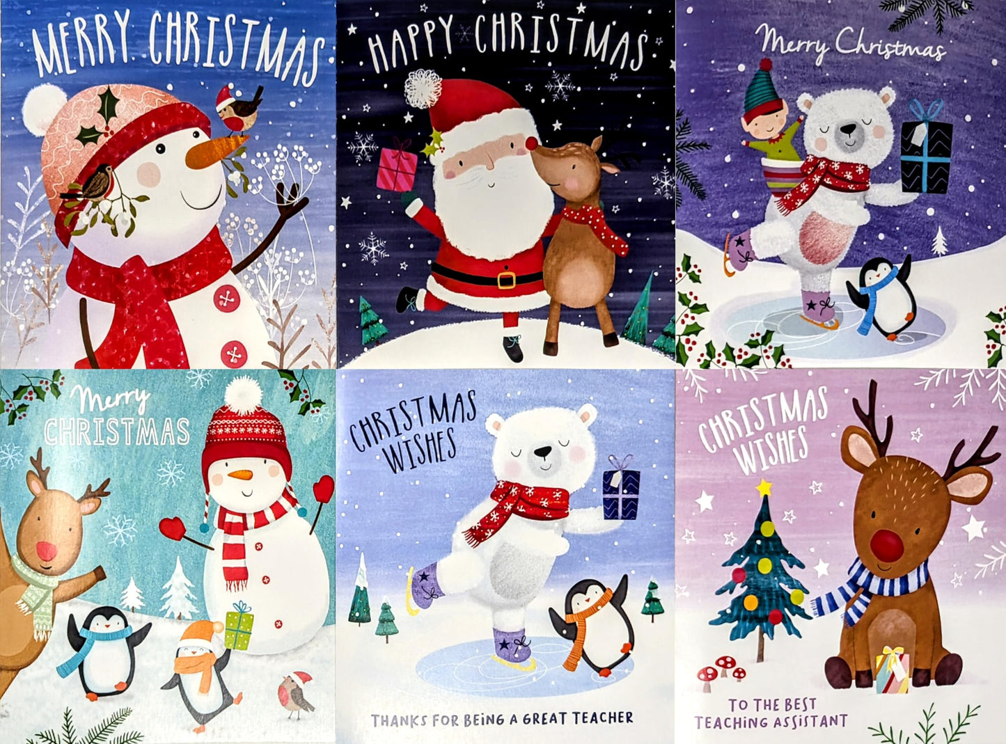 30 Mini Christmas Cards for Kids with Envelopes – 4 Festive Designs – Includes Teacher & Teaching Assistant Cards – 9.5 × 9.5 cm