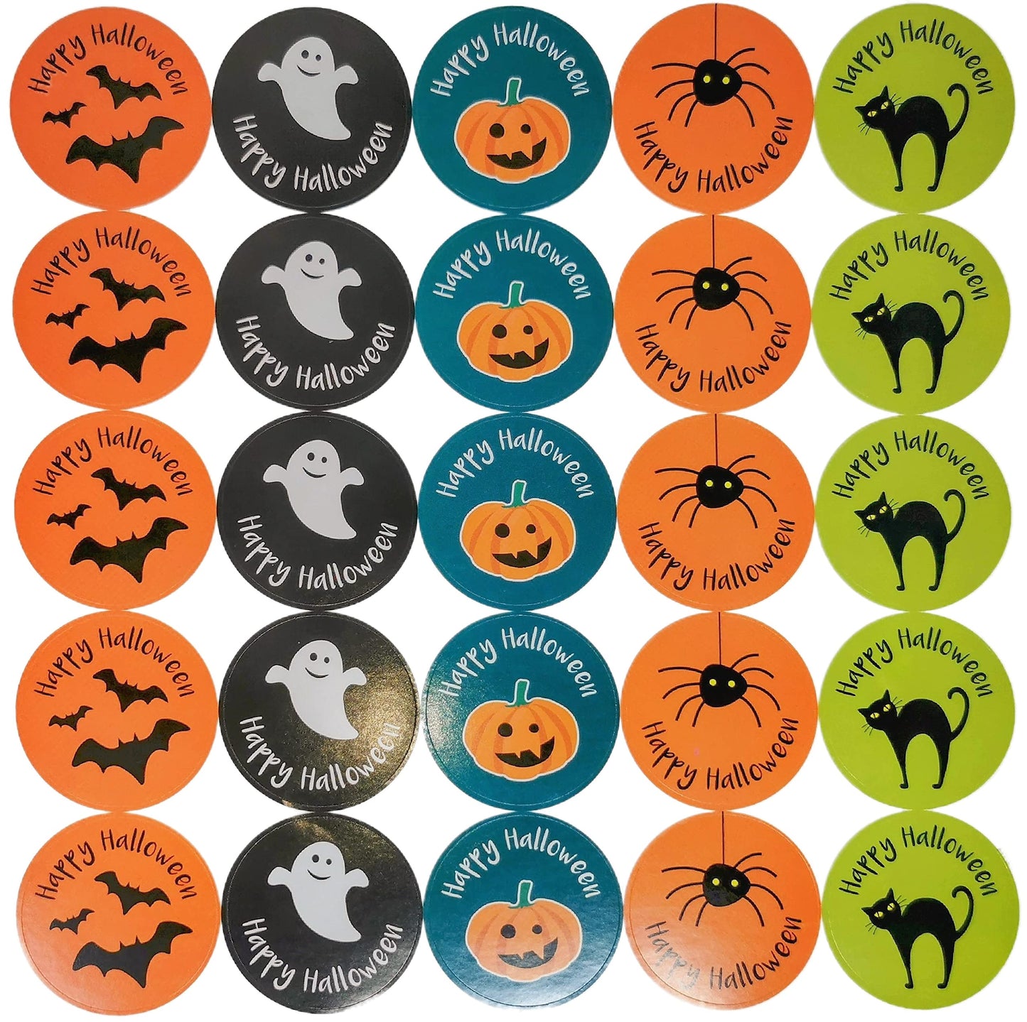 👻 200 Assorted Halloween Stickers – 4cm Round – Ghosts, Pumpkins, Bats, Spiders & Cats – Trick or Treat Party Favours