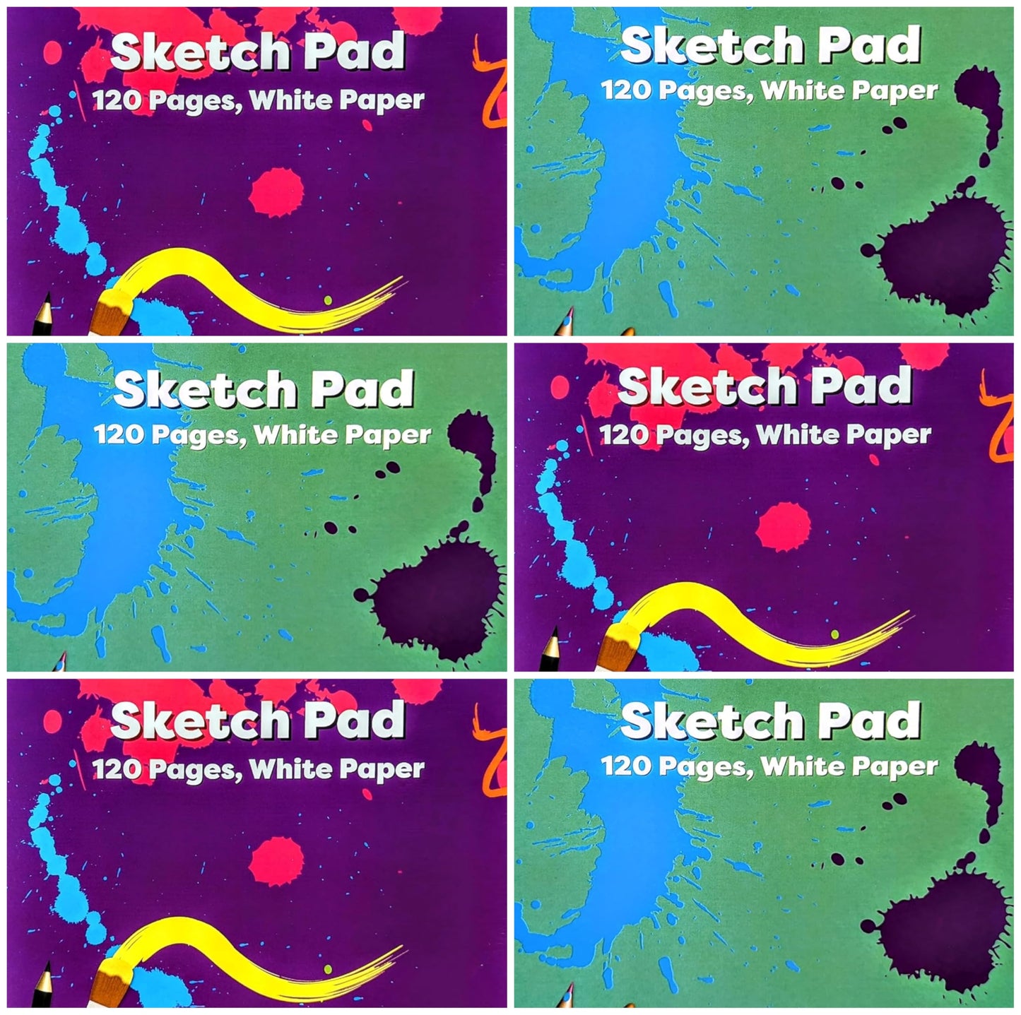 6 Pack A4 Sketch Pads – 60 Sheets Per Pad – 80GSM White Cartridge Paper – Drawing Books for Artists & Students – 3 Purple & 3 Green Covers – Ideal for Sketching, Doodling, Art & Design