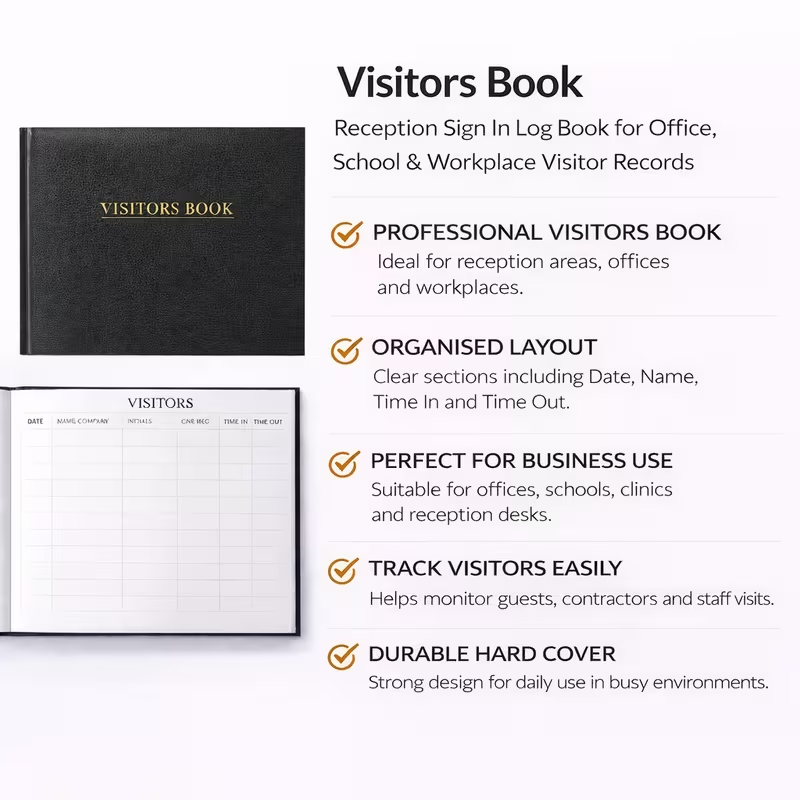Black visitors book reception sign in log book for office school and workplace visitor records