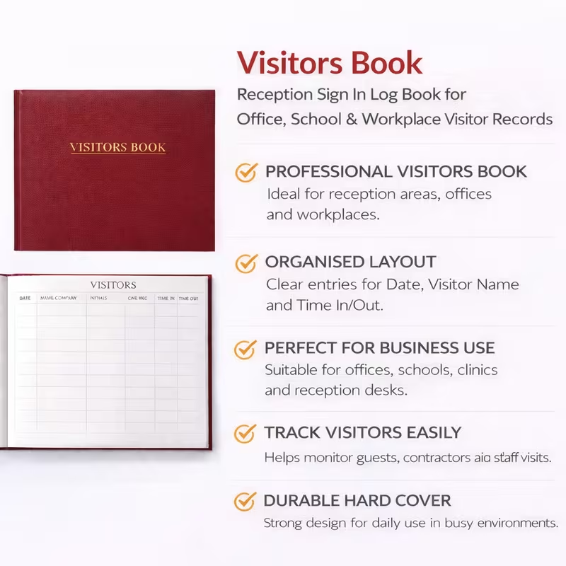 Red visitors book reception sign in log book for office school and workplace visitor records