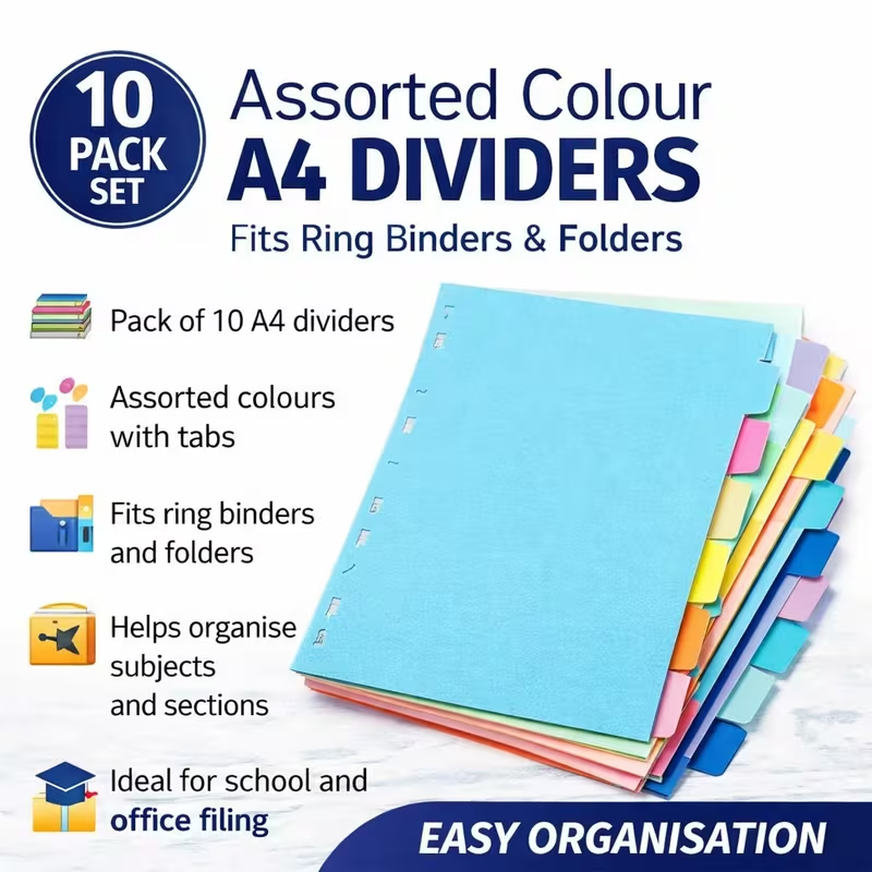 10 pack assorted colour A4 dividers with tabs for ring binders and folders