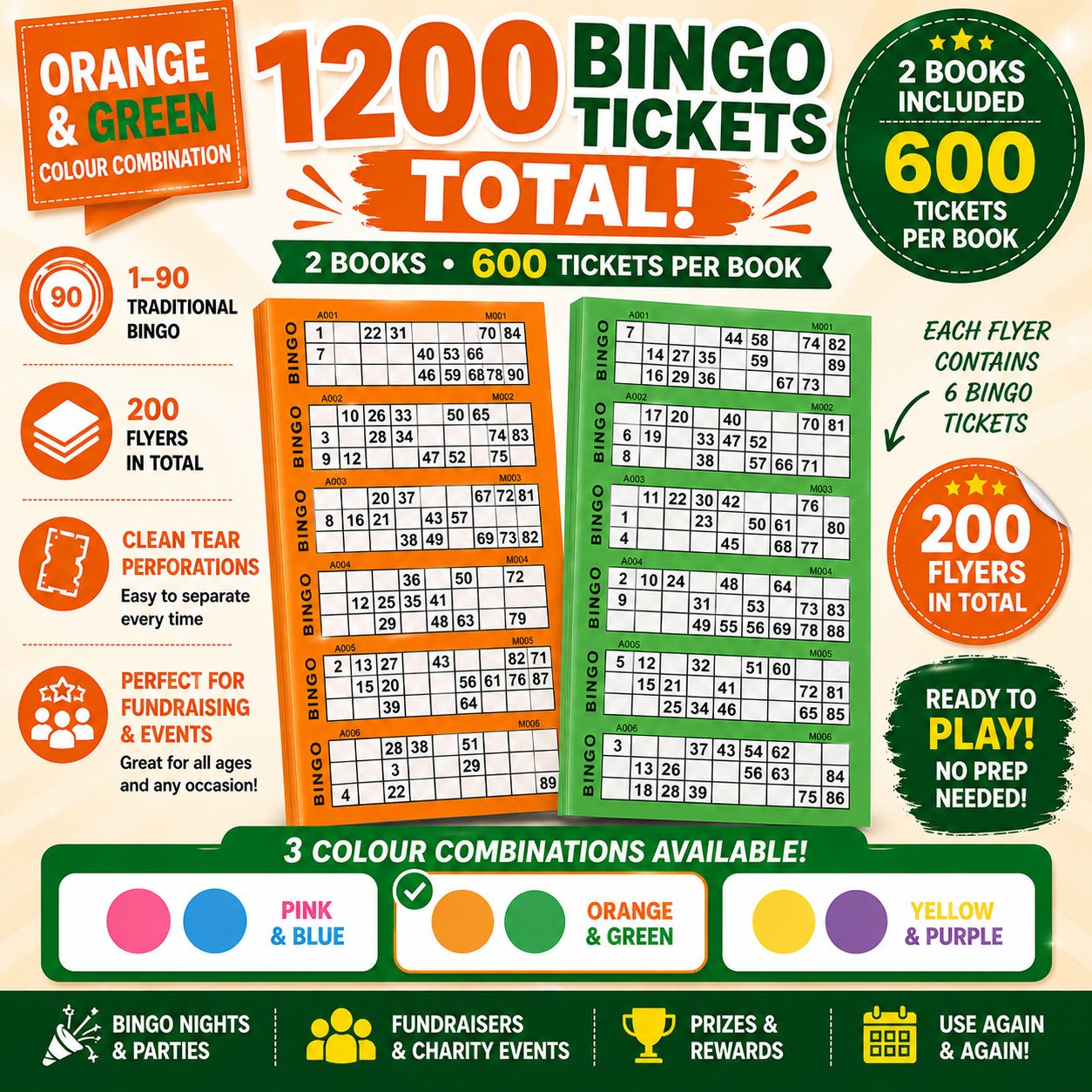 1200 Bingo Tickets Total orange and green colour combination