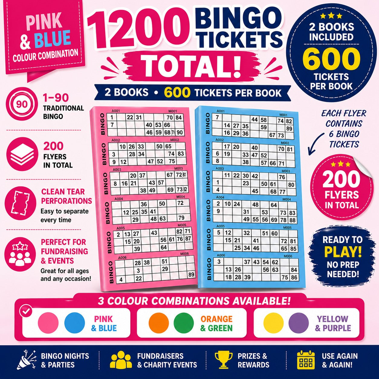 1200 Bingo Tickets Total pink and blue colour combination