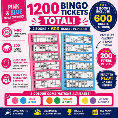 1200 Bingo Tickets Total pink and blue colour combination