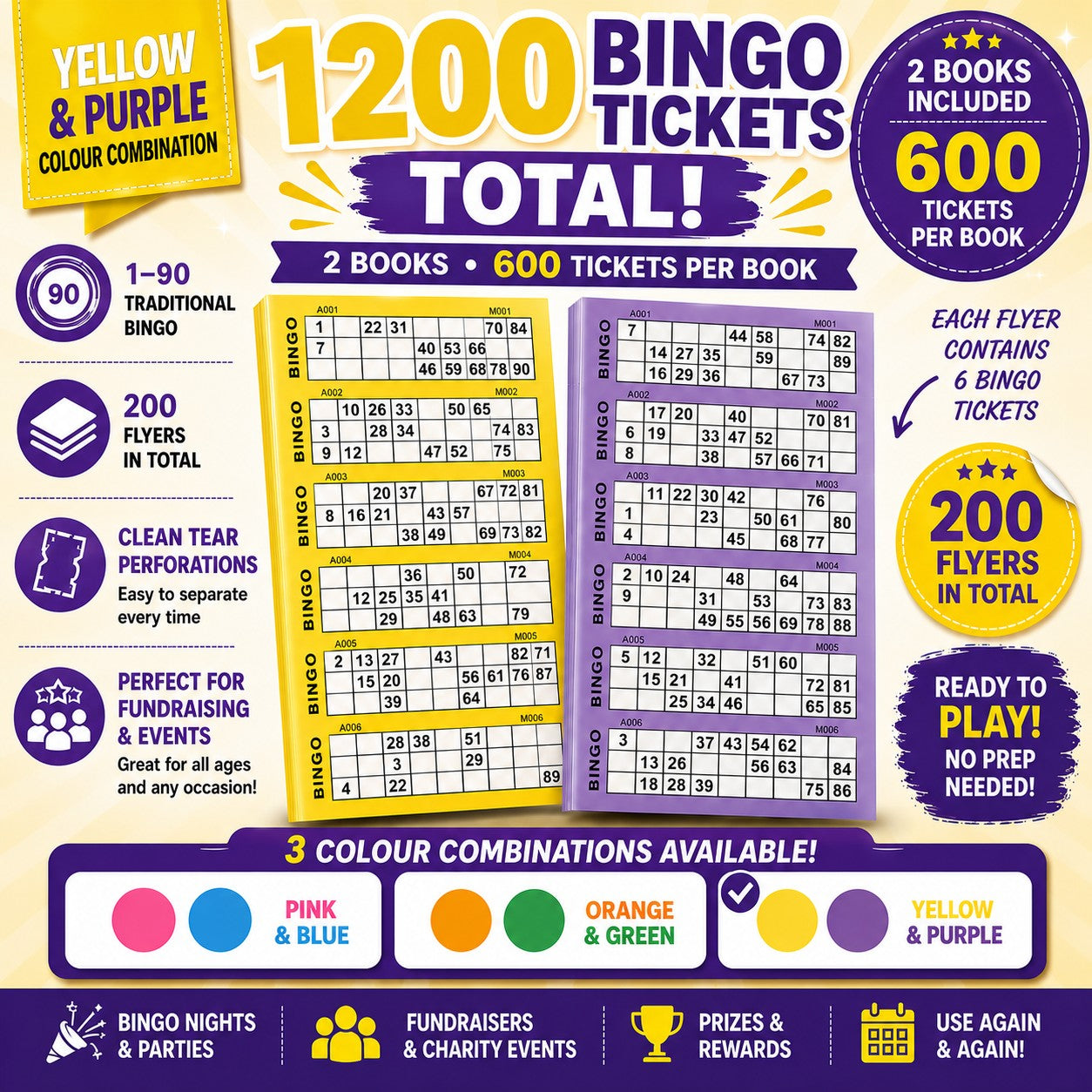 1200 Bingo Tickets Total yellow and purple colour combination
