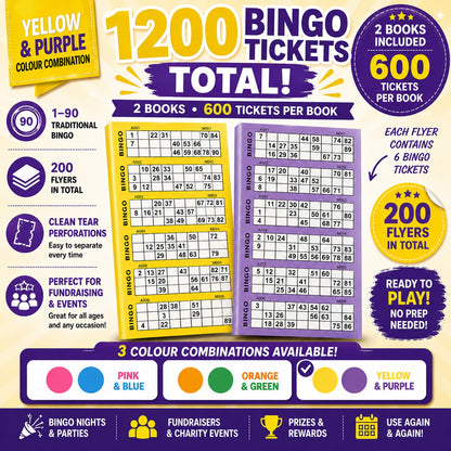 1200 Bingo Tickets Total yellow and purple colour combination