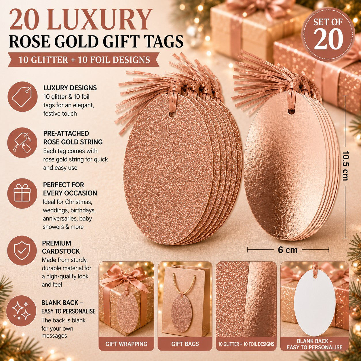 20 luxury rose gold gift tags with 10 glitter and 10 foil designs pre-attached string