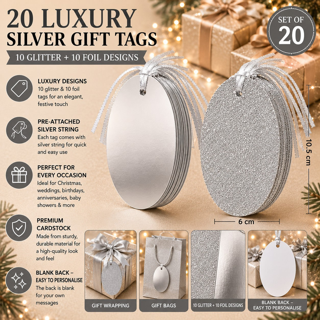 20 luxury silver gift tags with 10 glitter and 10 foil designs pre-attached silver string